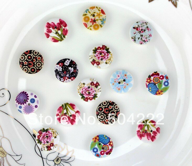 set of 200pcs Multi Colors Buttons natural Wood buttons,colorful, flowers ornament 20mm with white back DIY Free Shipping