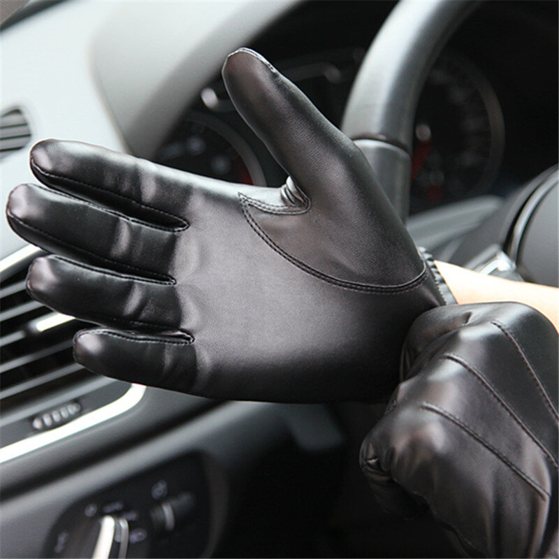 Long Keeper Fashion Black PU Leather Gloves Male Thin Style Driving Leather Men Gloves Non-Slip Full Fingers Palm Touchscreen