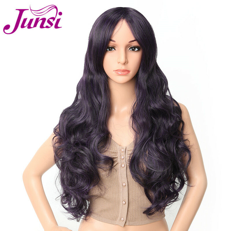 JINSI Long negro mezcla de morado pelucas para mujer con flequillo 26 pulgadas pelucas sintéticas rizadas para mujer peluca