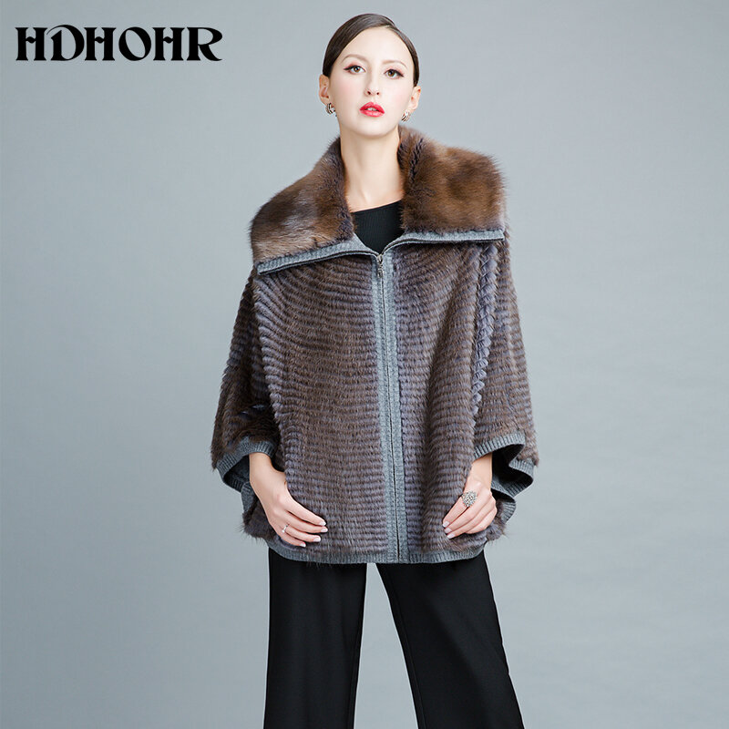 HDHOHR 여성용 2023 니트 밍크 모피 코트, 라펠 박쥐 소매, 고품질 겨울 패션, 리얼 밍크 모피 코트, 대형 모피 재킷