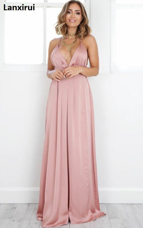 새로운 패션 여름 섹시한 드레스 깊은 V 칼라 민소매 스트랩 핑크 다시 섹시한 나이트 클럽 롱 드레스