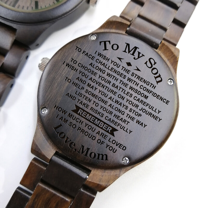 Z1800-3 Om Mijn Zoon-Gegraveerde Houten Horloge Aangepaste Mannen Horloge Luxe Op De Horloge Verjaardag Afstuderen Geschenken Polshorloge