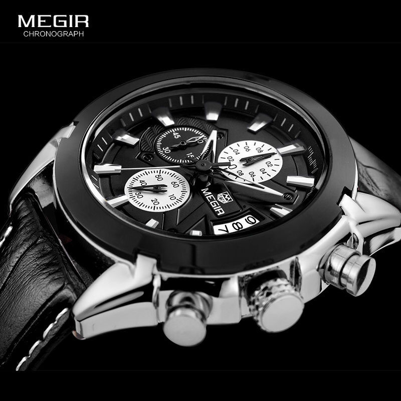 Chronograf megir Casual zegarek męski luksusowy zegarek kwarcowy wojskowy sportowy zegarek ze skóry naturalnej zegarek męski