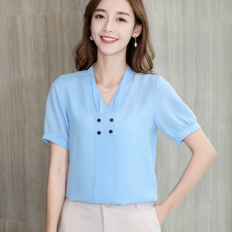 Nova camisa coreana de chiffon moda feminina cor pura manga curta gola v blusa feminina primavera verão camisas finas top h9105