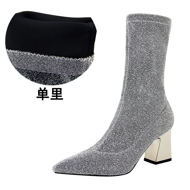 =New Autumn European High Heels Shoes Sexy Thick Heeled Pumps Sequin Pointed Toe Shiny Middle Calf Women's Boots fashion boots