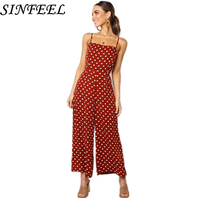 Elegant Sexy Jumpsuits Women Summer Spaghetti Strap Polka Dots Trousers Wide Leg Pants Rompers Beach Party Backless Bow Overalls