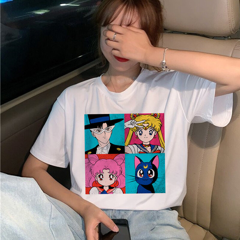 Kawaii Sailor Moon 90s T koszula kobiety z krótkim rękawem Harajuku Ullzang koszulka estetyczna Anime śliczny Tshirt modny top Tees kobieta