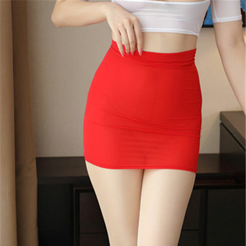 Ice Silk Tight Party See Through Skirts Mini High Waist Skirts Sexy Night Club Pencil Skirts Casual Package Hip Short Skirts