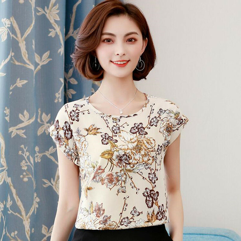 Nova blusa feminina de chiffon de manga curta, camiseta feminina com gola redonda estampada h9056 para primavera e verão