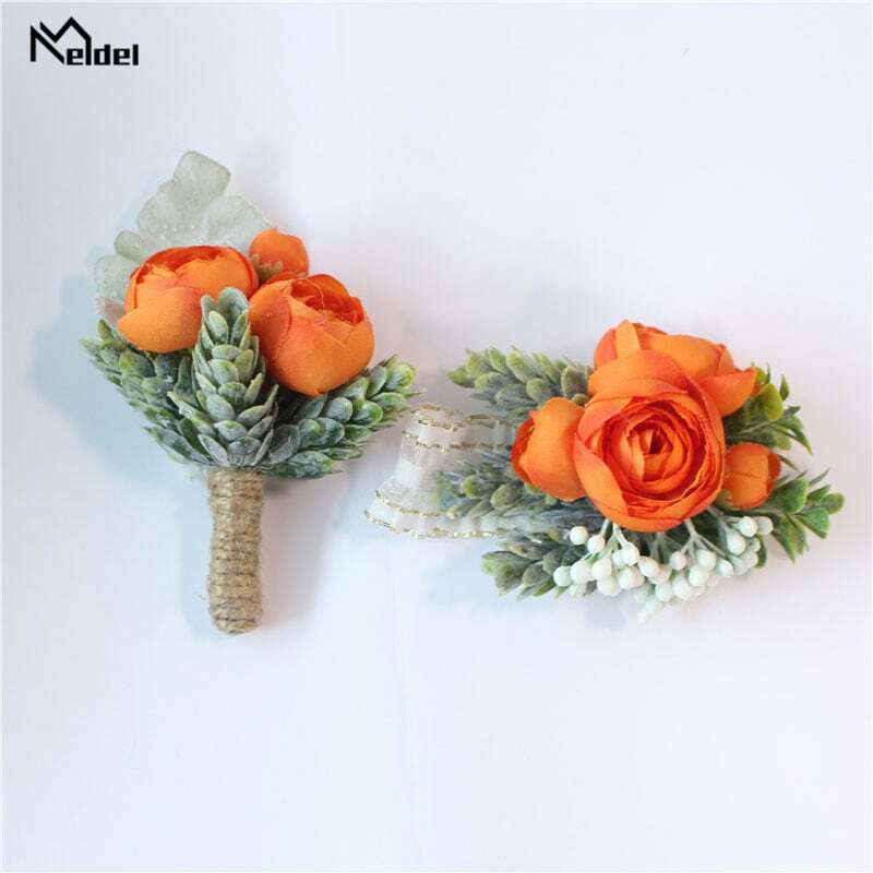 Meldel Boutonniere Groom Corsage Bridal Wrist Corsage Rose Bracelet Pink Orange Artificial Silk Sasanqua Flower Wedding Supplies