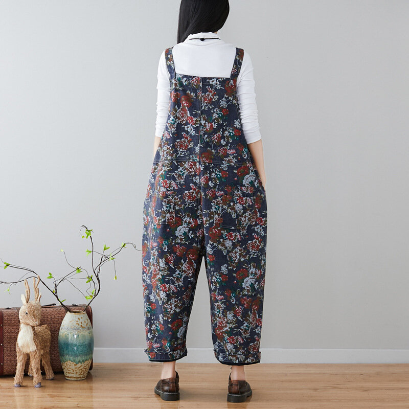 VINTAGE DENIM jumpsuit ชุดพิมพ์ขากว้างกางเกง Harem PLUS ขนาดหลวม Jumpsuit สำหรับผู้หญิง Patchwork overalls