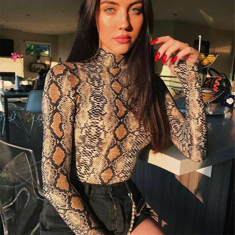 Women Tops  Fashion Sexy Snakeskin Print Blouses Shirts Casual Turtleneck Long Sleeve Shirt Girls Blouse Blusas feminina
