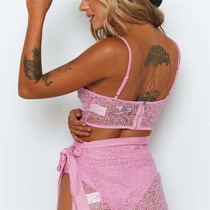 Conjunto de 2 piezas de ropa de festival para mujer, conjuntos de dos piezas, tops cortos sexis y conjuntos de falda, chándales de color rosa a juego