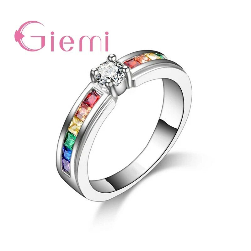 Anel de prata esterlina 925 para mulheres, cristal colorido arco-íris, joias de noivado de casamento, festa feminina, nova chegada
