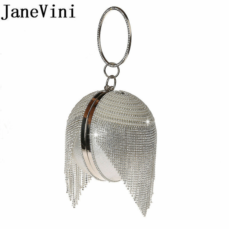 JaneVini – sacs à main strass argentés, pochettes boule à bandoulière, sacs de soirée cristal scintillant chaîne de perles, bracelets de fête