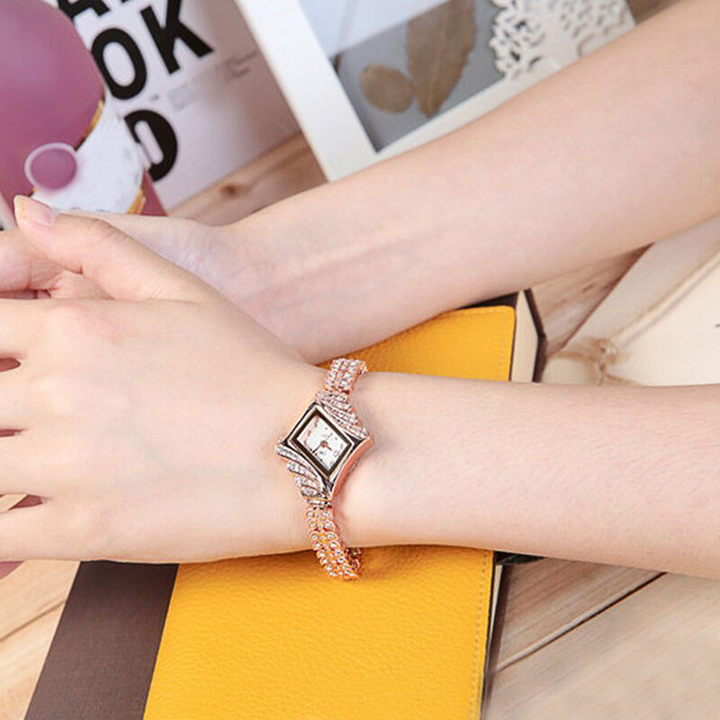 Women's Crystal Rhombus Dial Feather Leaves Band Quartz Bracelet Wrist Watch