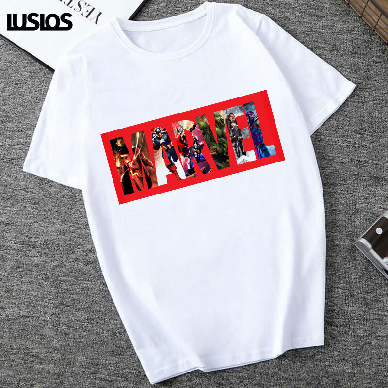 LUSLOS Cartton Marvel Print T Shirt Frauen Weiß Casual Brief Print T-shirt Weibliche Streetwear Superheros Fans T-shirts