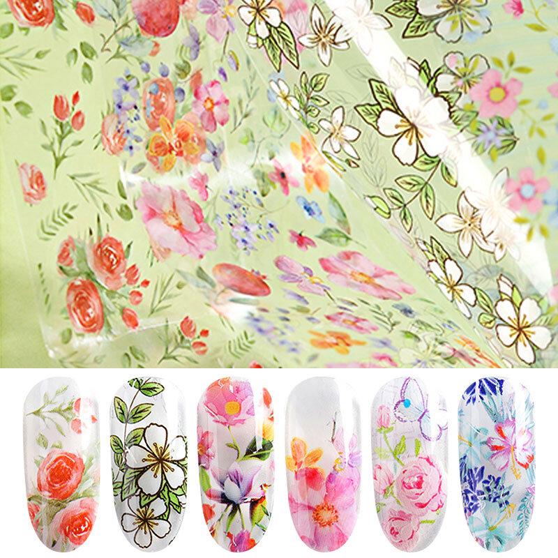 HNUIX 10 colori Nail Leaf Stickers vernice Mix Rose Flower Transfer Foil Nails Decal cursori per Nail Foil Manicure Sticker