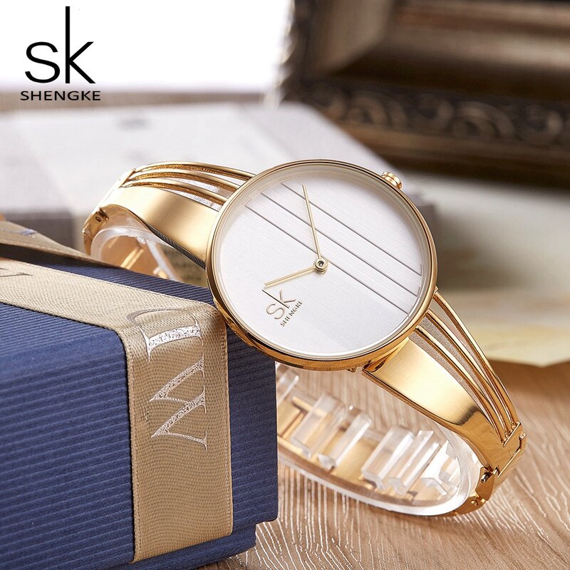Shengke-Relojes de pulsera chapados en oro para mujer, pulsera de cuarzo, de lujo