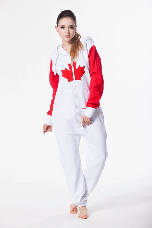 Cara Nordic Unisex Bendera Kanada Pakaian Bermain Jumpsuit Hoody Bulu Pakaian Bermain Semua Dalam Satu Potong