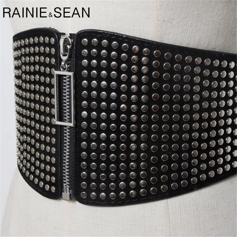 RAINIE-Cinturón de piel para mujer, faja elástica con remaches, Extra anchos, color negro