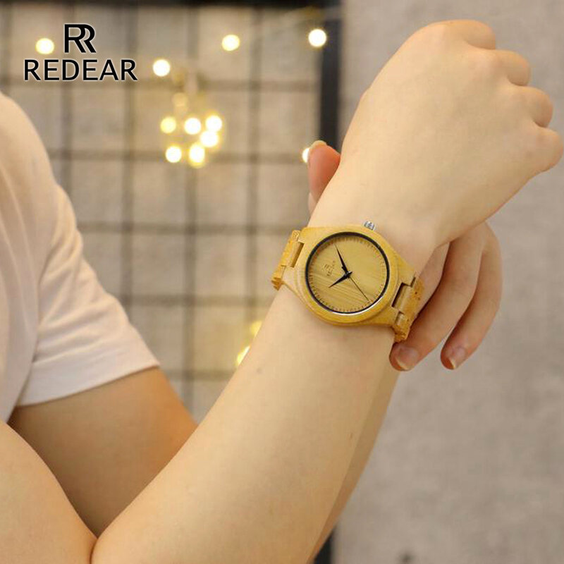 REDEAR-자연 색상 대나무 연인의 시계, 남성 럭셔리 우드 밴드 석영 여성 시계, 무료 배송