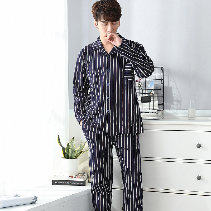 Bộ Đồ Ngủ Nam Xuân Thu Nam Pyjamas Cotton Sọc Bộ Đồ Ngủ Dài Tay Quần Ngủ Nam Pyjama Set Lớn Thước m-3XL