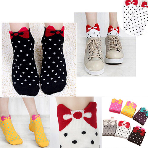 Hot Women Cute 3D Bow Polka Dot Pattern Candy Color Cotton Blended Ankle Short Socks 6RCX 7EK2
