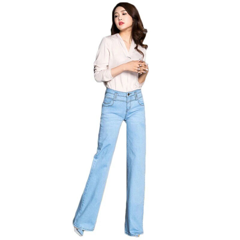 Mamá Jeans luz azul negro Plus tamaño pantalones de pierna ancha 2019 nuevo primavera coreano casuales largo cintura alta vaqueros femenina LR5
