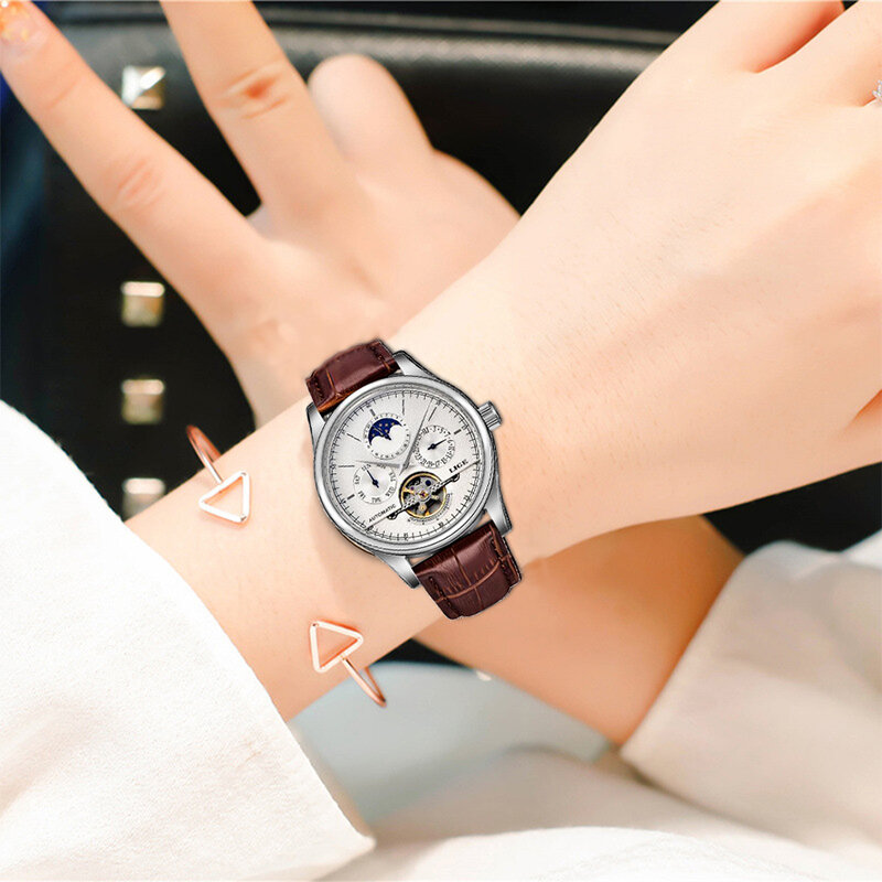 LIGE العلامة التجارية النساء ساعة أوتوماتيكية ساعة ميكانيكية توربيون موضة ساعة جلدية عادية مقاوم للماء ساعة اليد relogio feminino