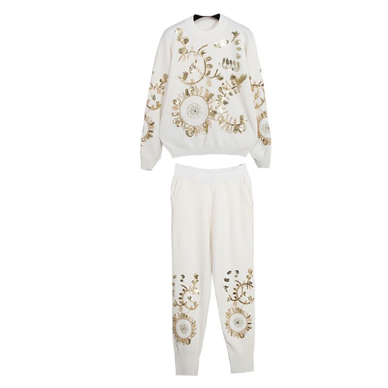 Great quality sequins beading knit suits female heavy industry beading flowers long sleeve sweater + pant two pieces sets wq2167