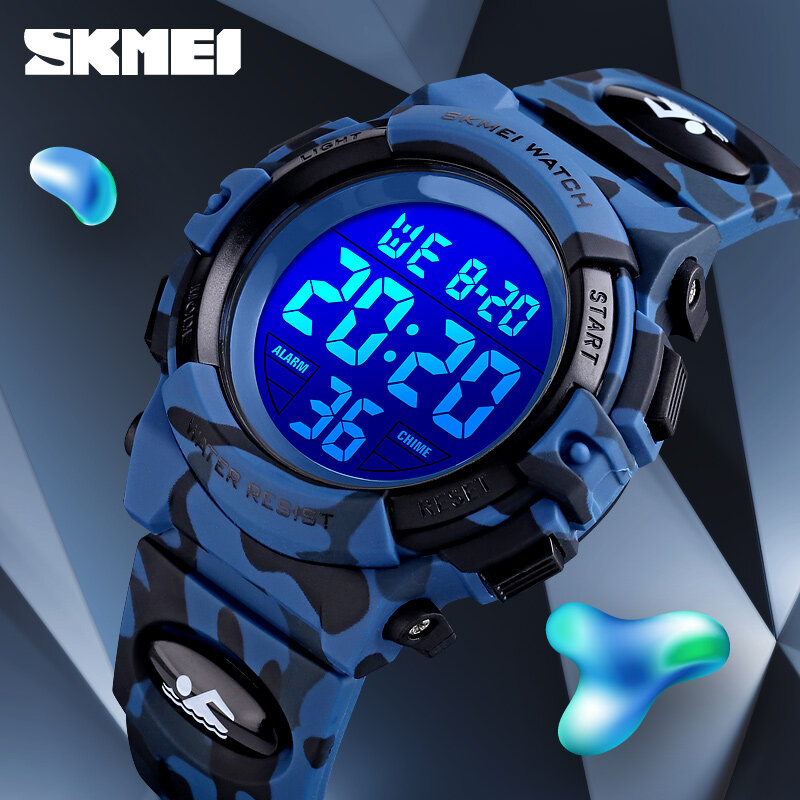 Часы SKMEI детские электронные в стиле милитари, цифровые наручные, с секундомером, водонепроницаемость 50 м, для мальчиков и девочек