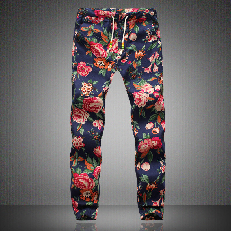 Pantalones de lino con estampado Floral para hombre, pantalón de chándal informal, a la moda, para verano, novedad de 2023