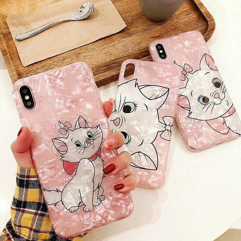 Cute Pink Cat Marie Phone Case For iphone 7 Case XS MAX XR X 6 8 Plus Lovely Funny Cartoon Glossy Marble Conch Shell Soft Cover