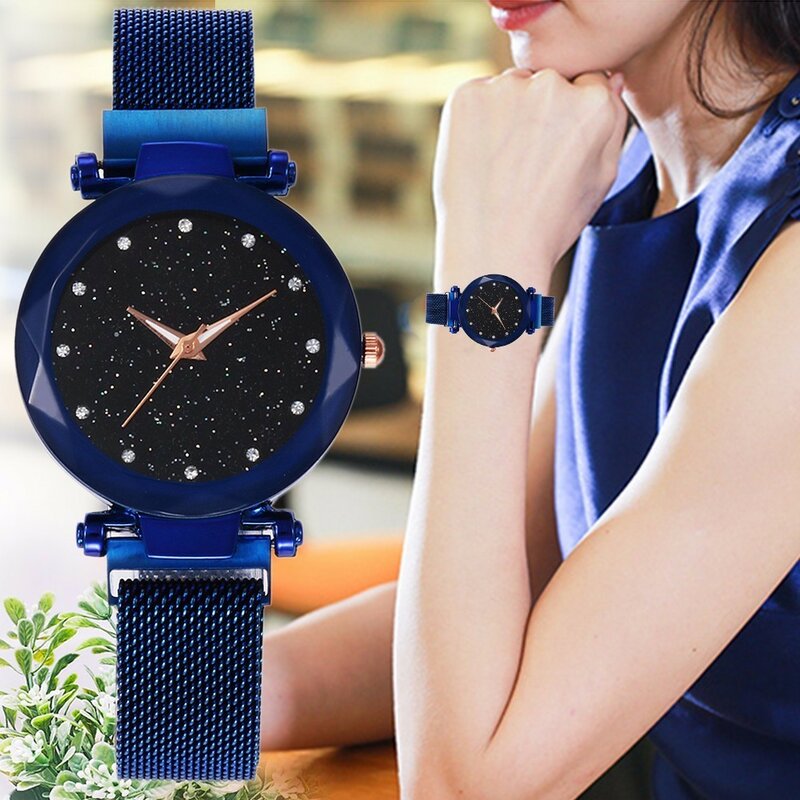 Best Selling Mulheres Malha Ímã Fivela Céu Estrelado Relógio Casual Luxury Mulheres Geométrica Superfície Relógios de Quartzo Relogio feminino