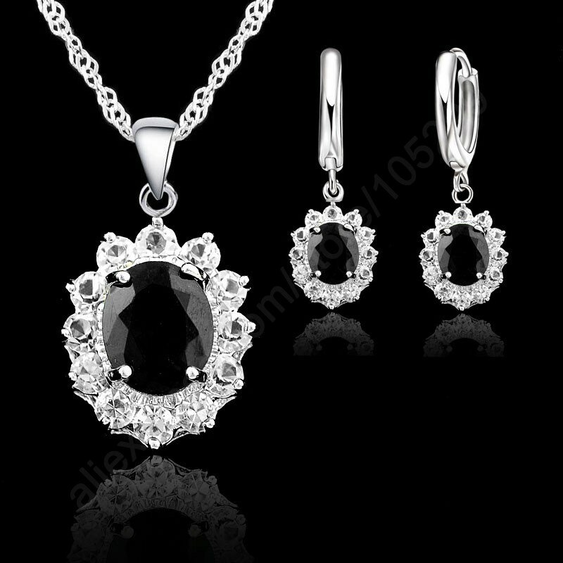 Princesa casamento noivado colar brinco conjuntos de jóias 925 prata esterlina oval cristal preto boa qualidade