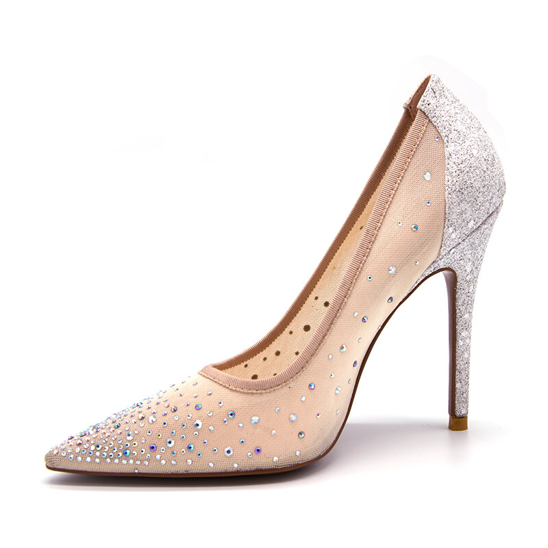 Vangull New silver bling fashion design women's high heel pumps summer see through Party Wedding stiletto shoes 11cm thin heels