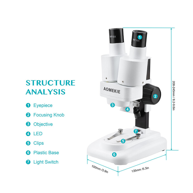 AOMEKIE-مجهر ستيريو 20X ثنائي العينين مع LED ، أداة لحام PCB ، إصلاح الهاتف الخلوي ، مراقبة المعادن ، مجهر