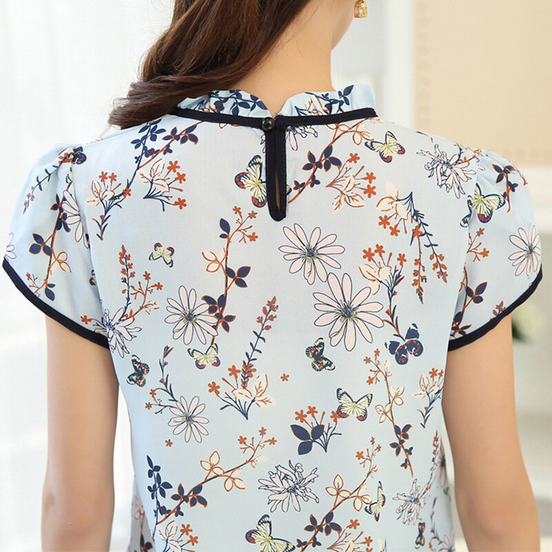 Женская шифоновая рубашка с коротким рукавом и принтом, летняя женская Свободная модная блузка большого размера, рубашки H9058