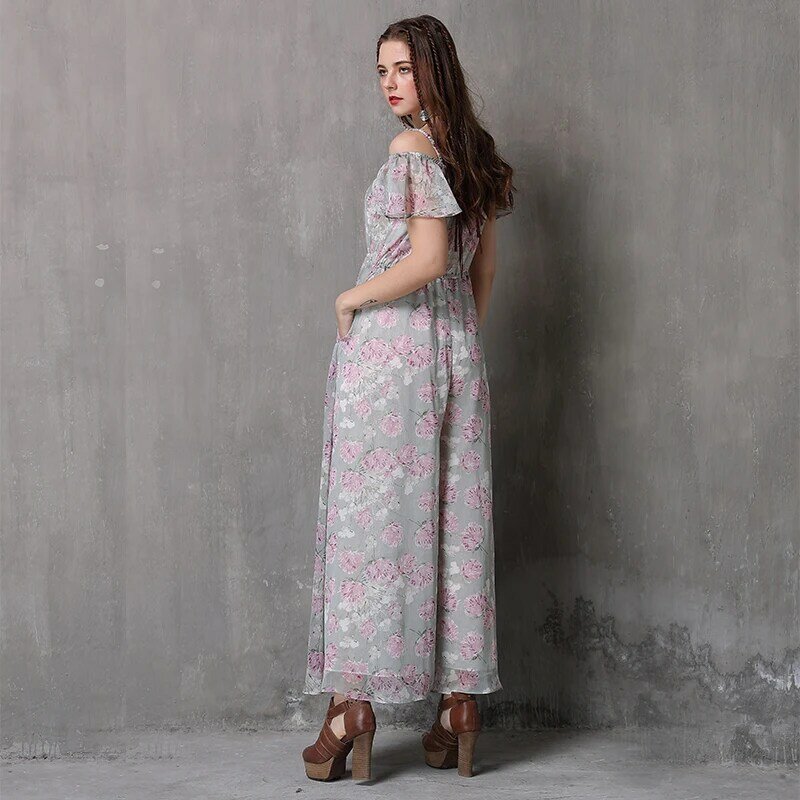 Kobiety kombinezon 2018 Yuzi. może Boho nowy szyfonowa kobiet Off ramię kwiatowy Print luźne spodnie szerokie nogawki pełnej długości kombinezony A82080