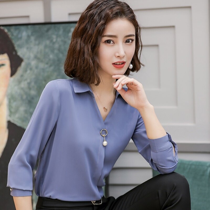 ビジネス女性のトップスやブラウス V ネック夏無地女性のシャツ Ol 韓国のファッションの女性服事務服 DD2079