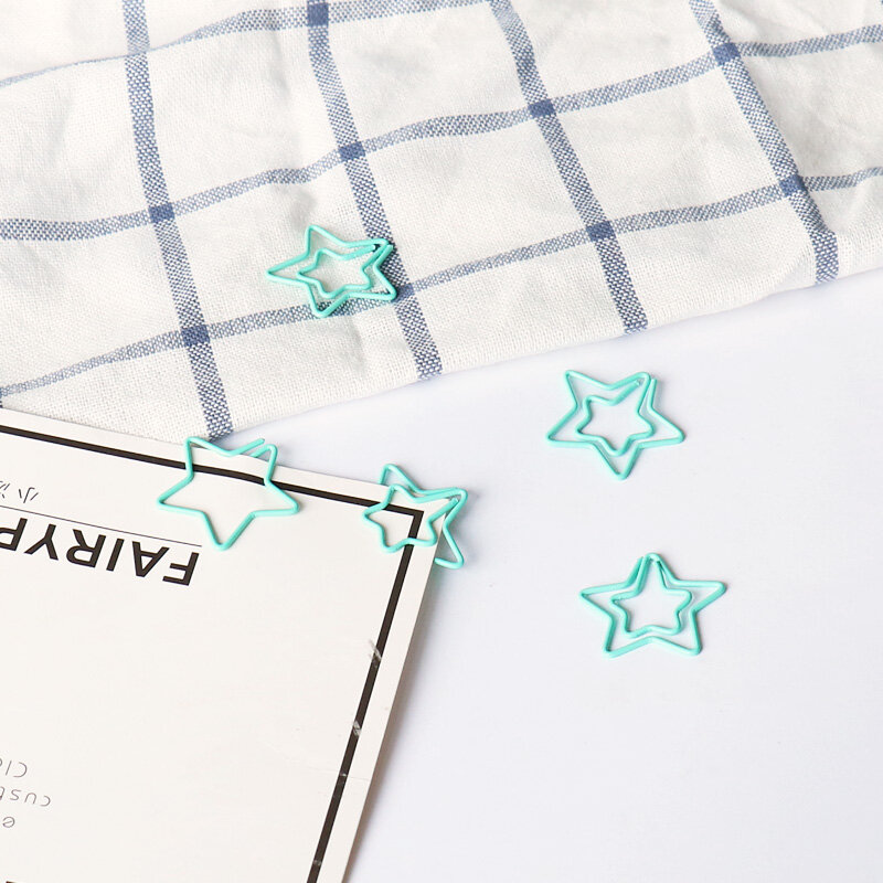 15pcs/box Green Star Shape Plastic Coated Paper Clips Colored Bookmark Memo Clips Escolar Papelaria Gift Stationery