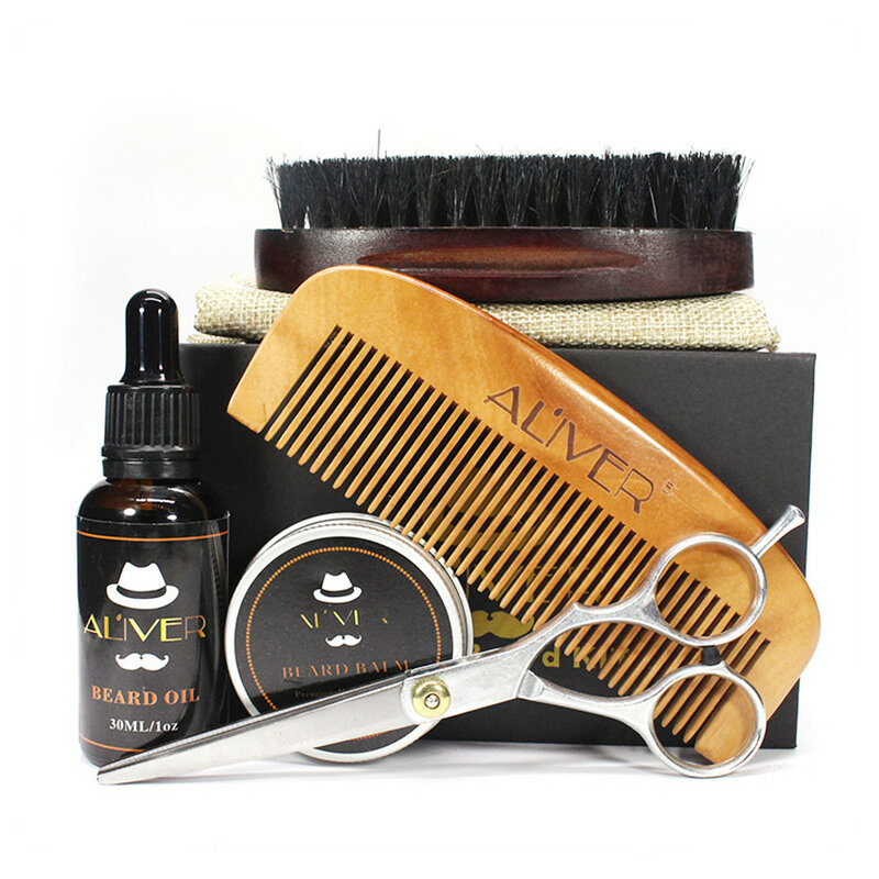 ALIVER Men's Beard Care Kit Styling Five-piece Tools Paste Oil Template Wood Comb facial  Brush Scissors  Of  Beard Suit Any Ski