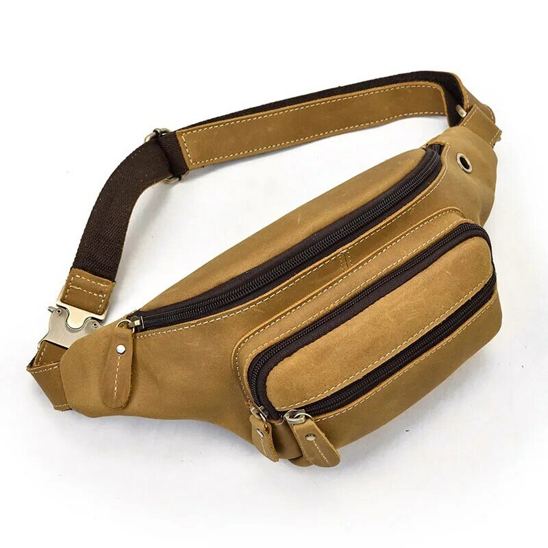 Men's leather belt pouch men casual cowskin waist bags of male crazy horse leather waist pack with earphone hole fanny pack