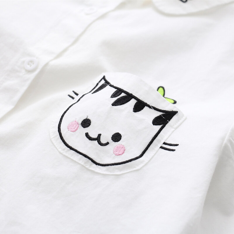 Женская белая блузка рубашка женская хлопковая Новая летняя Милая Вышивка мультяшного кота рубашки женская одежда 2019