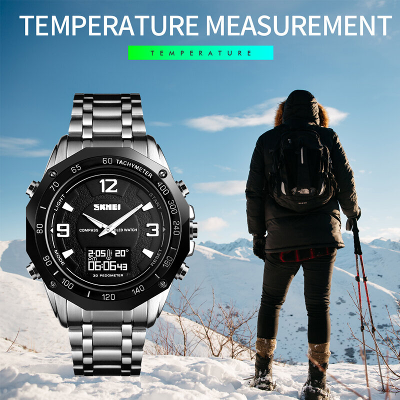 SKMEI-relojes digitales para hombre, pulsera de cuarzo deportiva con brújula militar, cuenta atrás, impermeable, alarma, cálculo de calorías