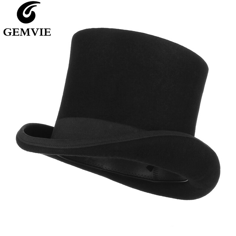 Gemfie 17cm 100% lana de fieltro Castor sombrero de copa de alta decoración Derby gorro cilíndrico para Mujeres Hombres Mad Hatter Party disfraz sombrero de mago