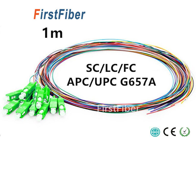 Cable Pigtail de fibra de 1m, 12 colores SC/LC/FC/APC/UPC, G657A, 12 núcleos, 12 fibras, Simplex 9/125, modo único, 0,9mm