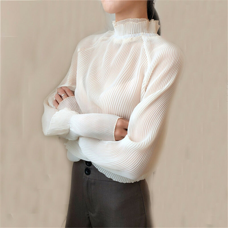 Блузка женская с высоким воротником, модная однотонная Повседневная рубашка с расклешенным рукавом, элегантный джемпер, офисные блузы, топы, AB729, весна-осень