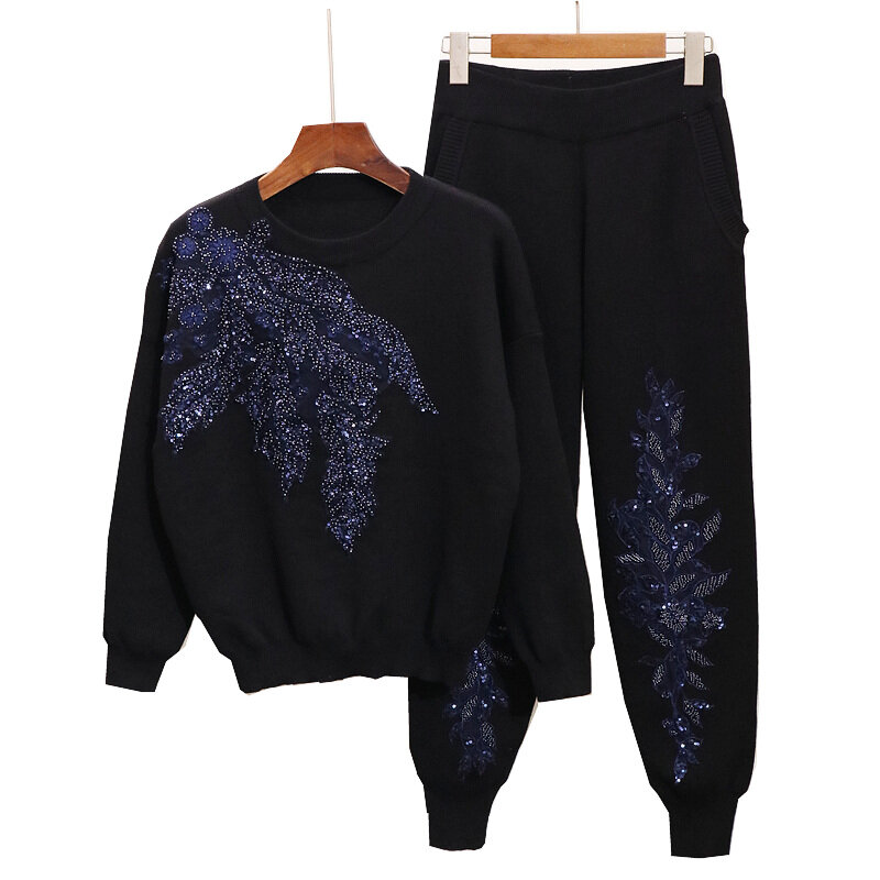 Great quality sequins beading knit suits female heavy industry beading flowers long sleeve sweater + pant two pieces sets wq1738
